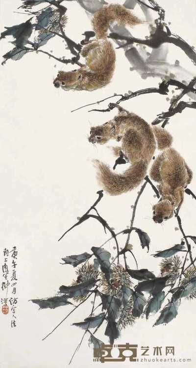 柳滨 1930年作 花卉松鼠 立轴 74×39cm